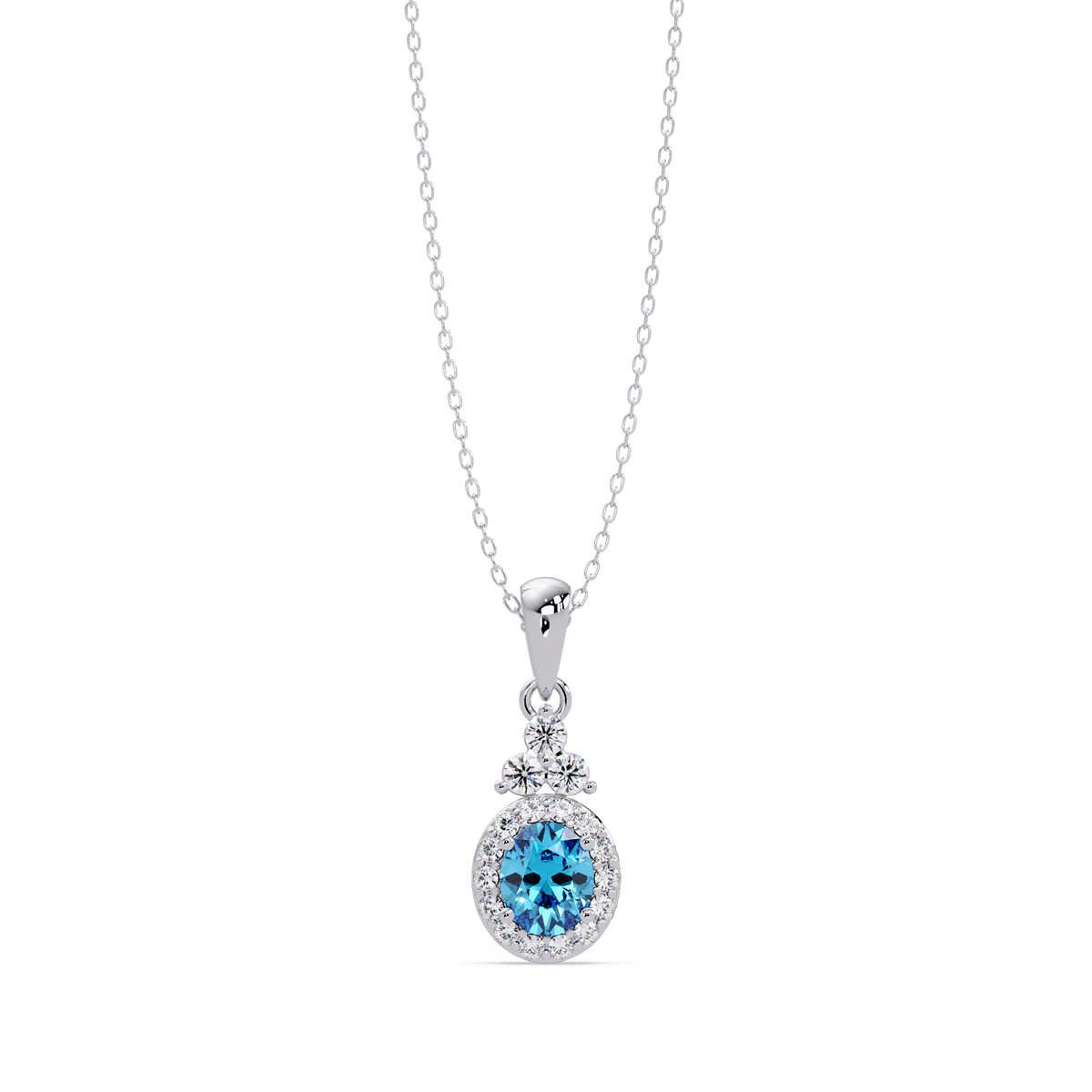 0.7 CTW Oval Halo Cluster Colorstone Pendant Necklace — Aquamarine Sky Blue — 14K White Gold