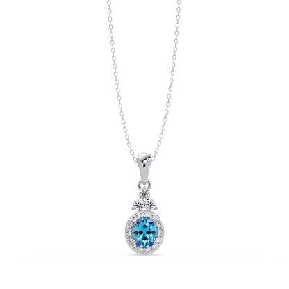 0.7 CTW Oval Halo Cluster Colorstone Pendant Necklace — Aquamarine Sky Blue — 14K White Gold