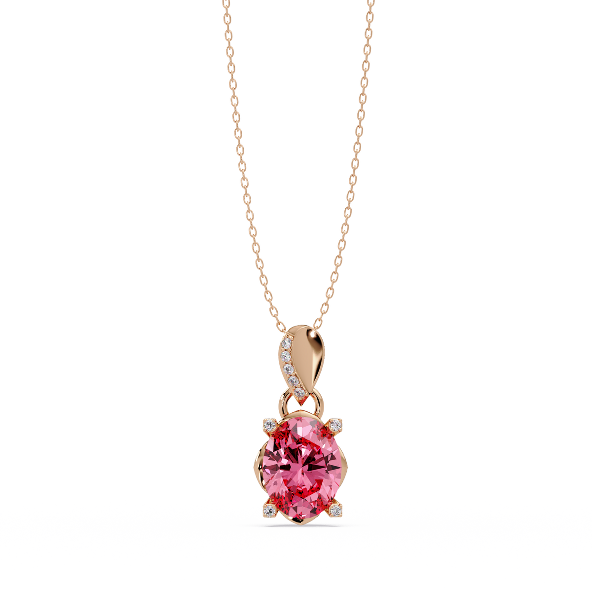 1.8 CTW Oval Solitaire Accent Colorstone Pendant Necklace — Tourmaline Rose Pink — 14K Rose Gold