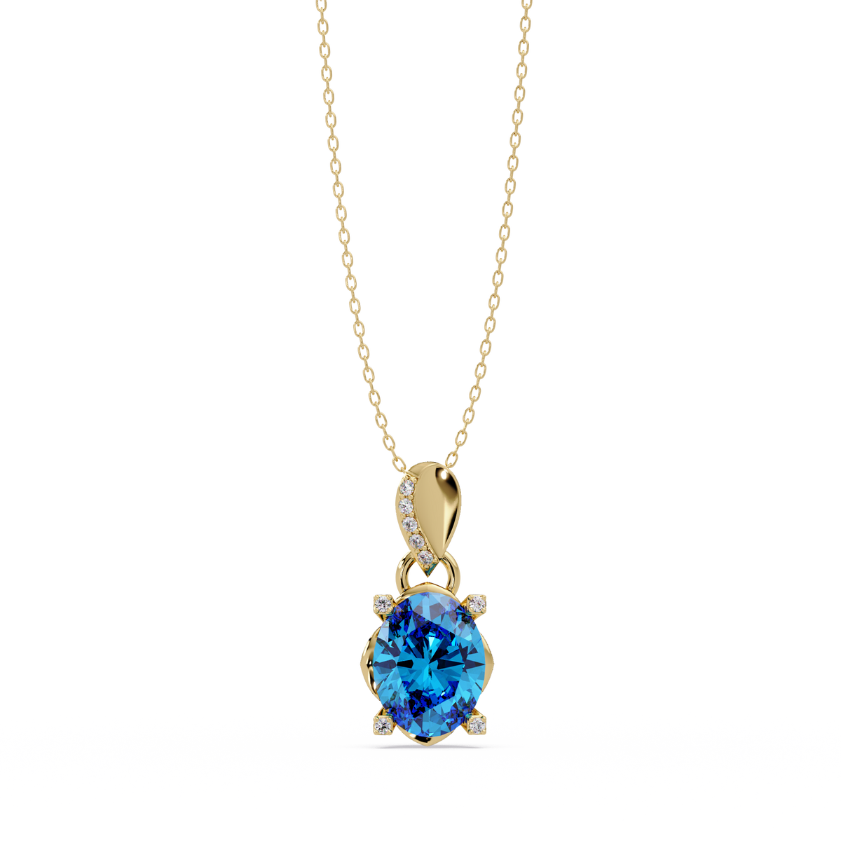 1.8 CTW Oval Solitaire Accent Colorstone Pendant Necklace — Aquamarine Sky Blue — 14K Yellow Gold
