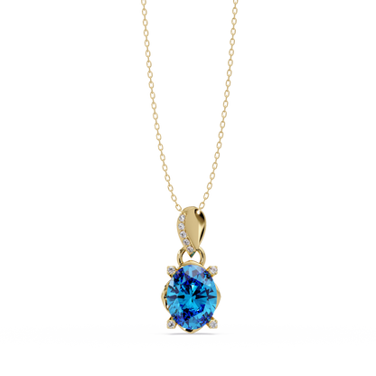 1.8 CTW Oval Solitaire Accent Colorstone Pendant Necklace — Aquamarine Sky Blue — 14K Yellow Gold