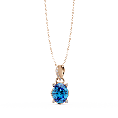 1.8 CTW Oval Solitaire Accent Colorstone Pendant Necklace — Aquamarine Sky Blue — 14K Rose Gold