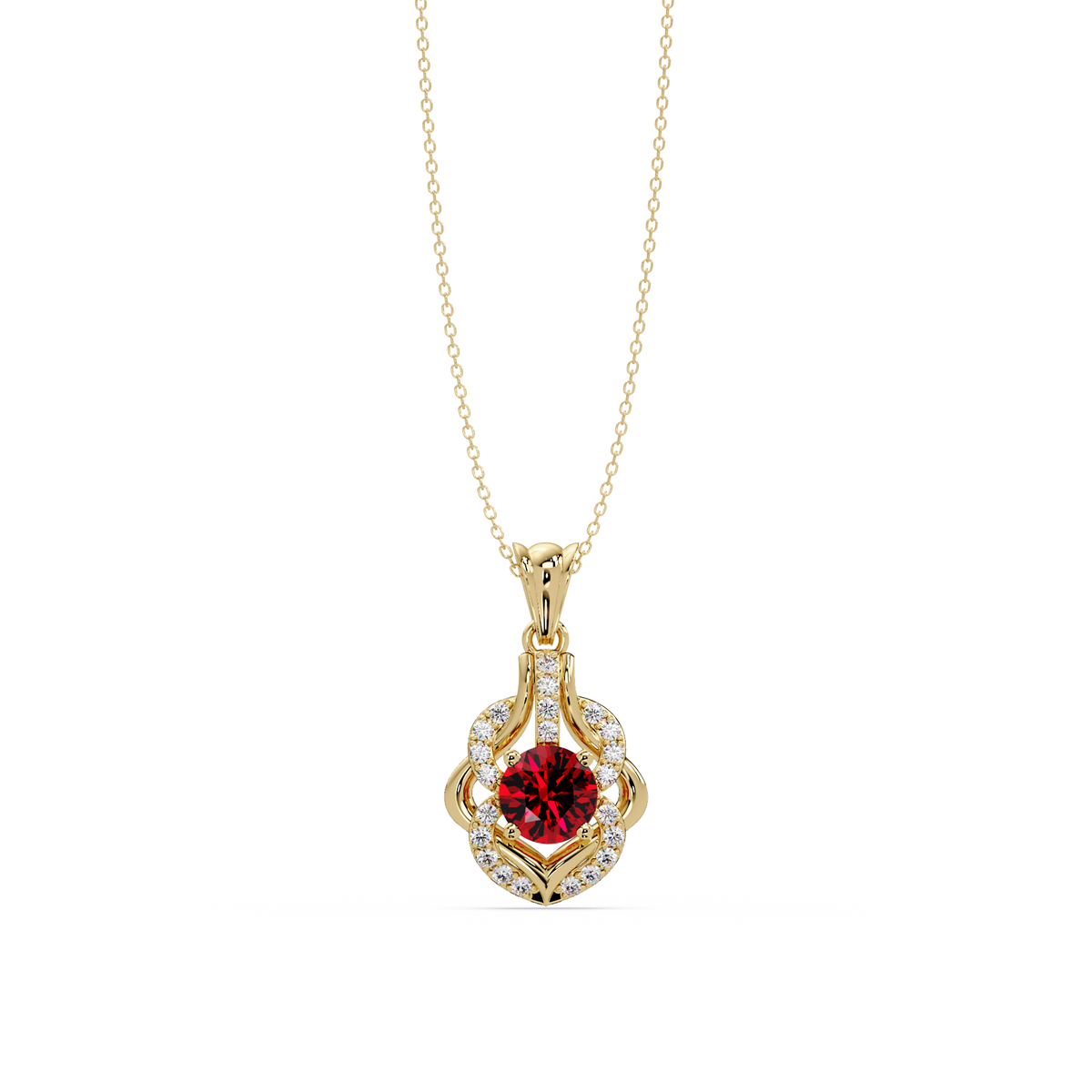 1.6 CTW Round Ornate Frame Colorstone Pendant Necklace — Ruby Deep Red — 14K Yellow Gold