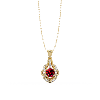 1.6 CTW Round Ornate Frame Colorstone Pendant Necklace — Ruby Deep Red — 14K Yellow Gold