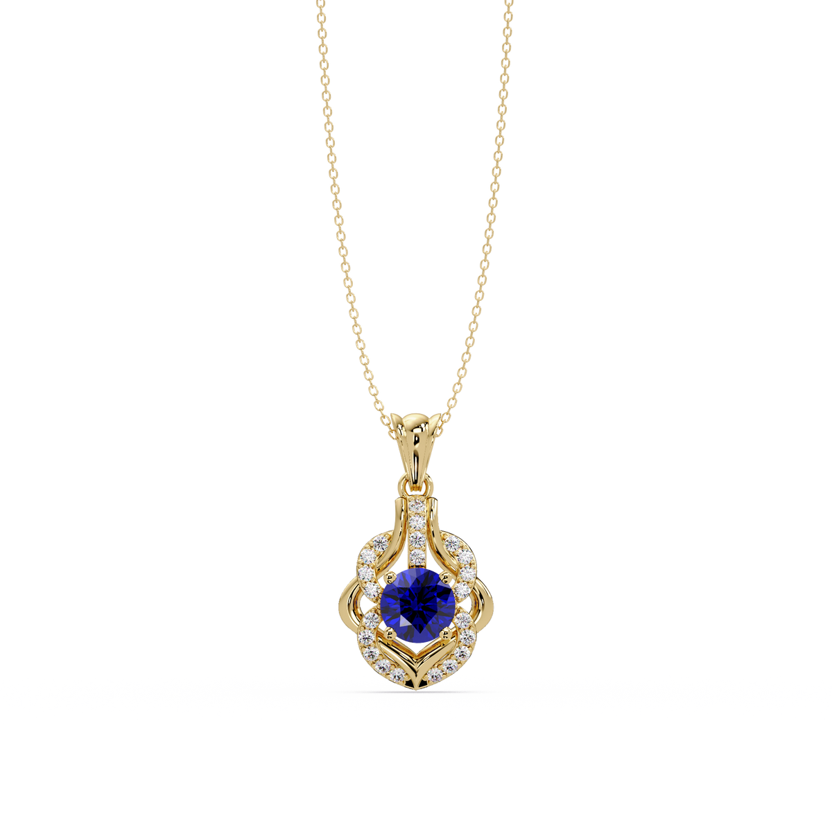 1.6 CTW Round Ornate Frame Colorstone Pendant Necklace — Sapphire Royal Blue — 14K Yellow Gold