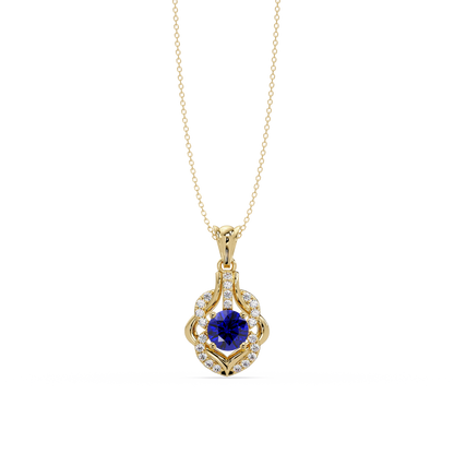 1.6 CTW Round Ornate Frame Colorstone Pendant Necklace — Sapphire Royal Blue — 14K Yellow Gold