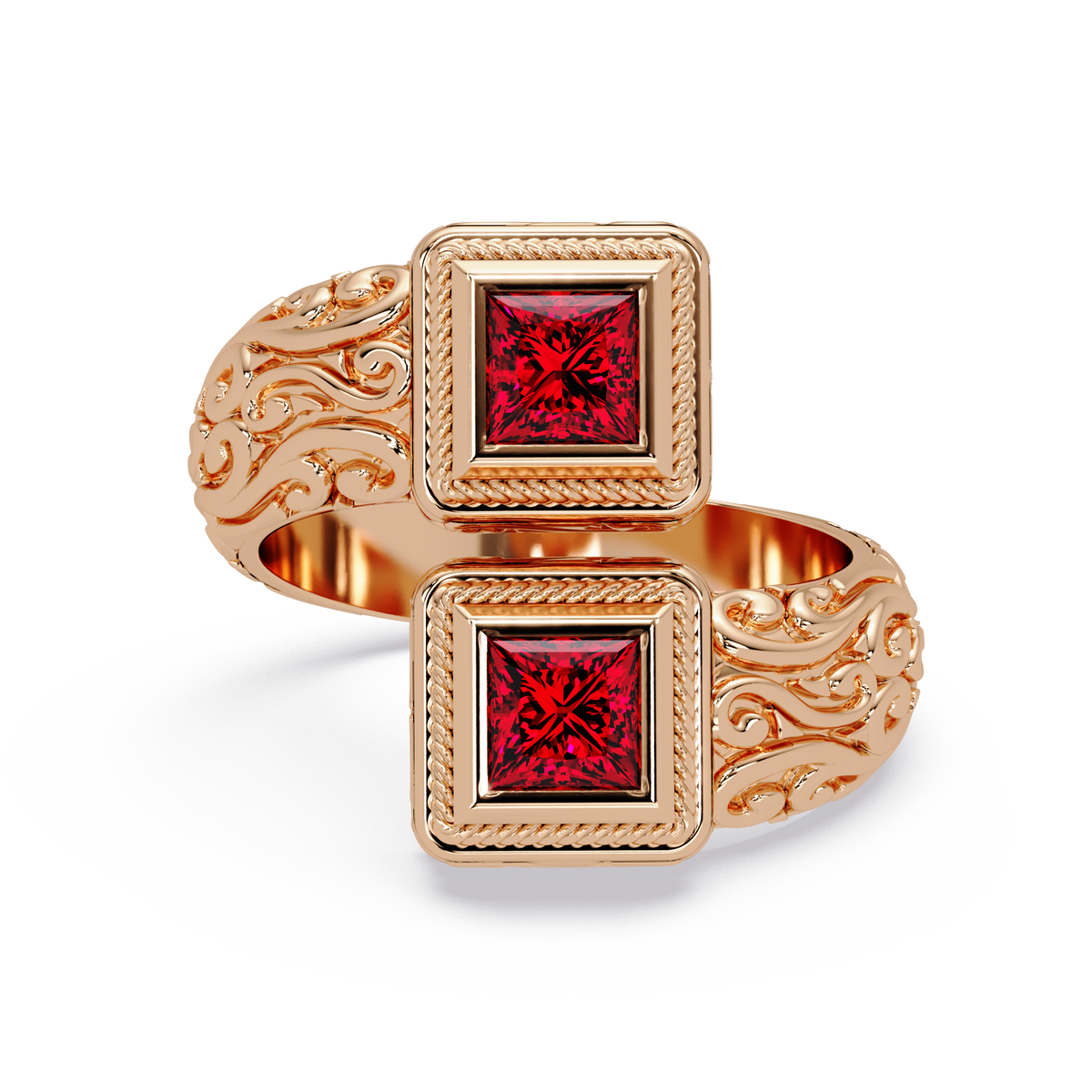 1.0 CTW Princess-Cut Filigree Bypass Colorstone Ring in Ruby Red and Rose Gold – Lunéa Paris