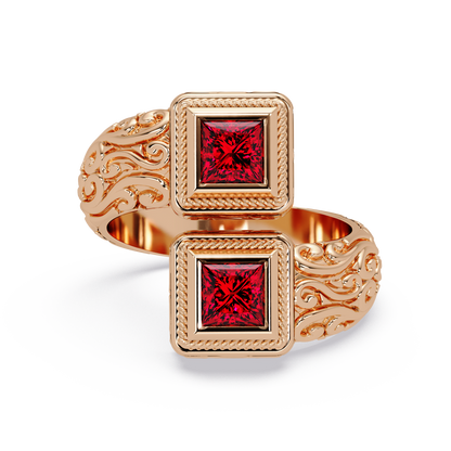 1.0 CTW Princess-Cut Filigree Bypass Colorstone Ring in Ruby Red and Rose Gold – Lunéa Paris