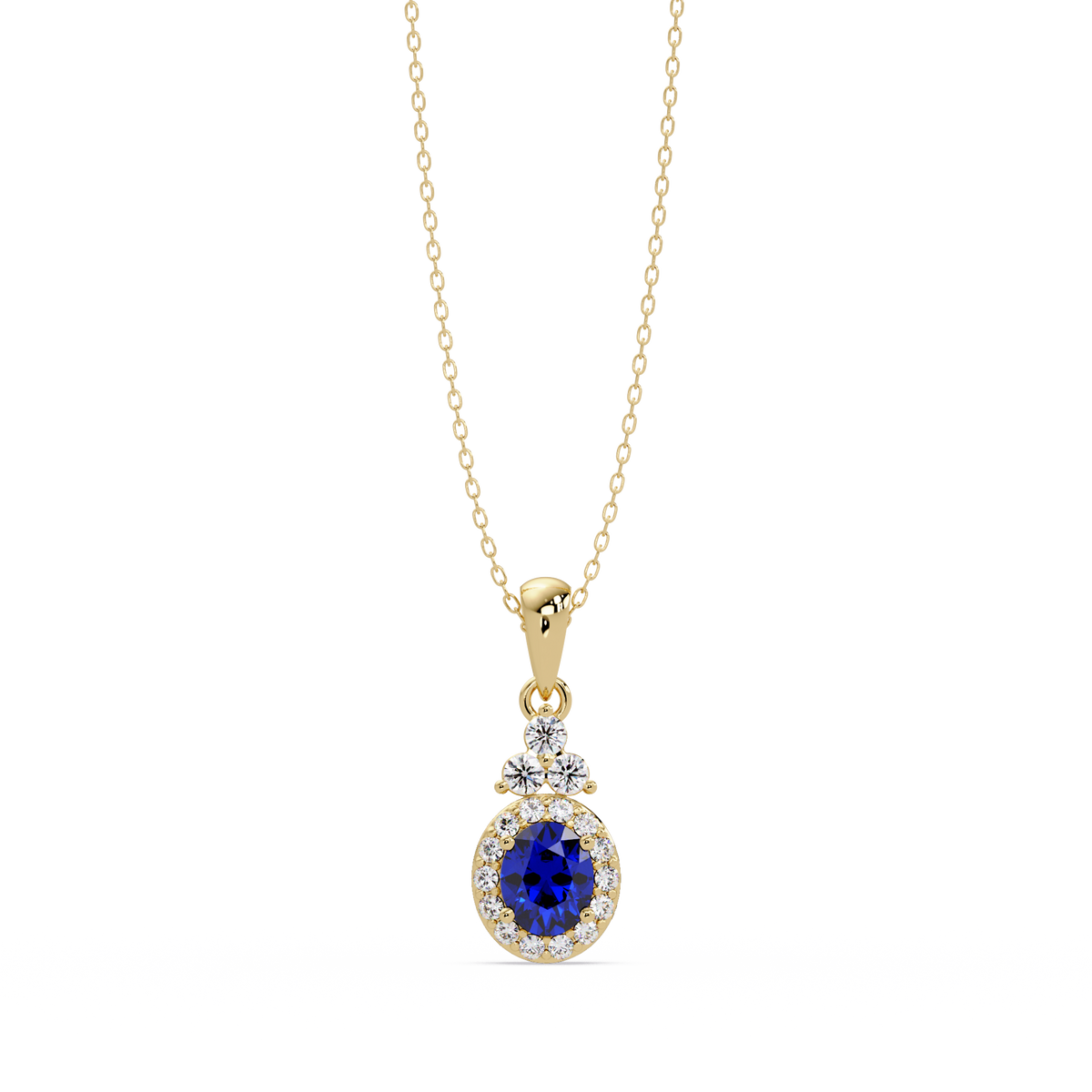 0.7 CTW Oval Halo Cluster Colorstone Pendant Necklace — Sapphire Royal Blue — 14K Yellow Gold