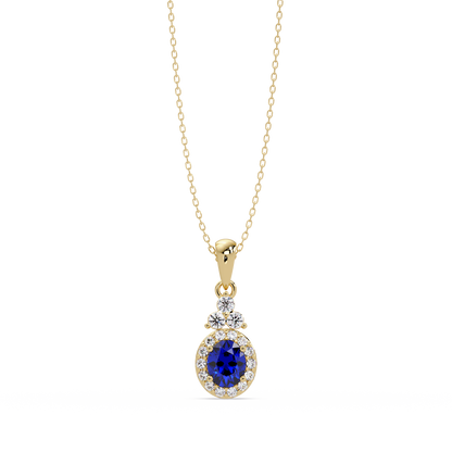 0.7 CTW Oval Halo Cluster Colorstone Pendant Necklace — Sapphire Royal Blue — 14K Yellow Gold