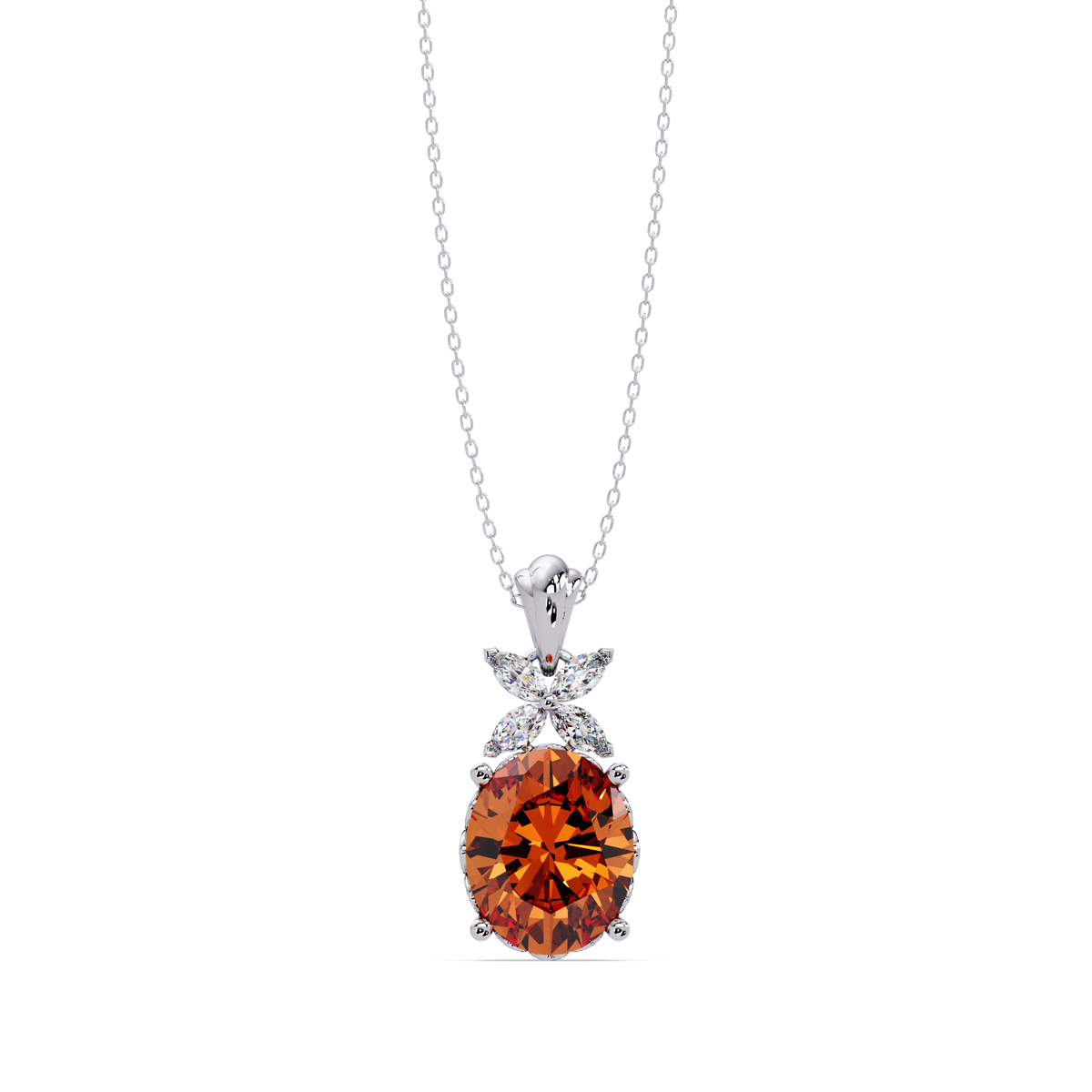 3.6 CTW Oval Butterfly Accent Colorstone Pendant Necklace — Champagne Topaz Amber — 14K White Gold