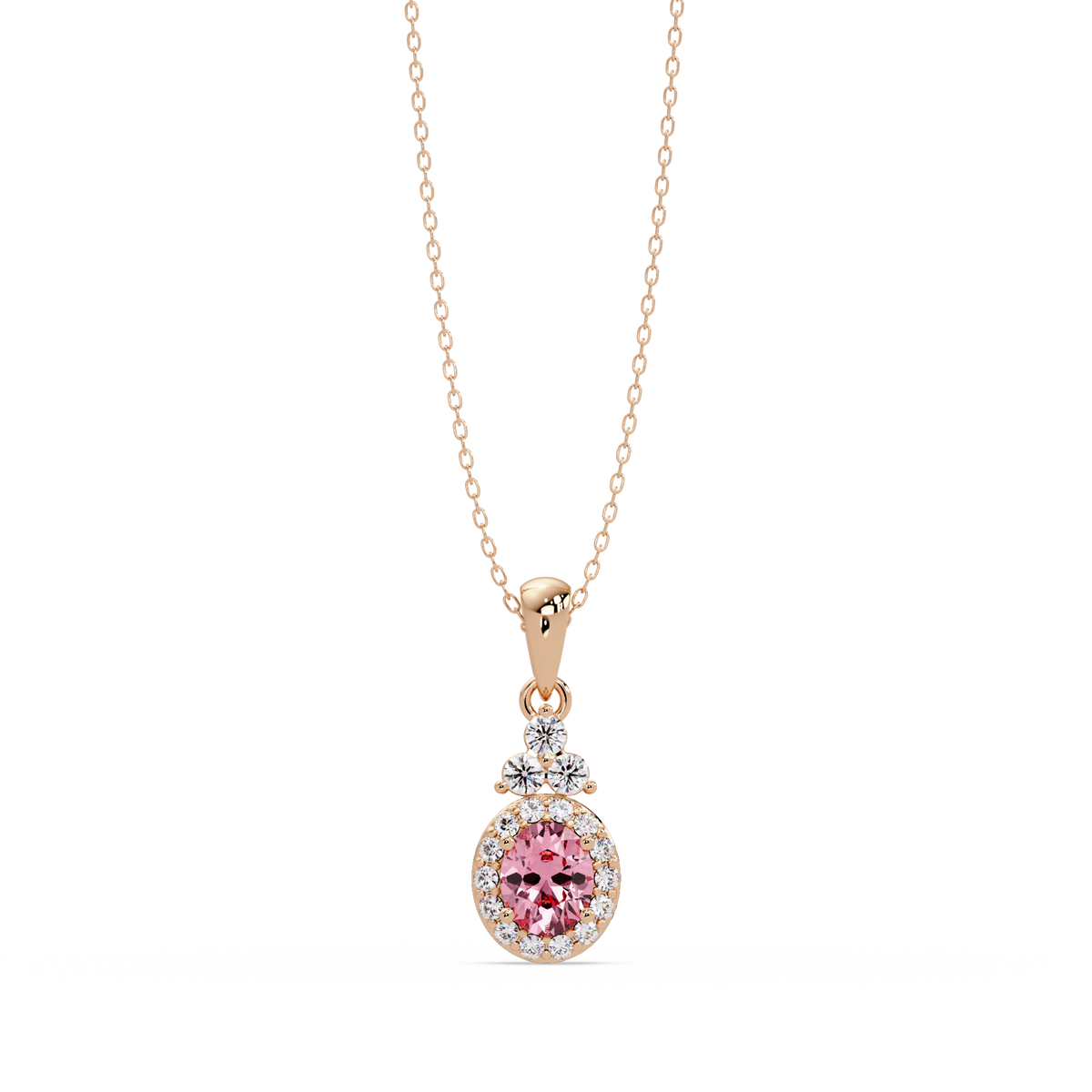0.7 CTW Oval Halo Cluster Colorstone Pendant Necklace — Tourmaline Rose Pink — 14K Rose Gold