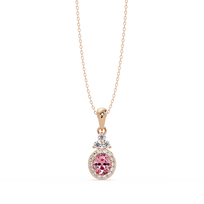 0.7 CTW Oval Halo Cluster Colorstone Pendant Necklace — Tourmaline Rose Pink — 14K Rose Gold