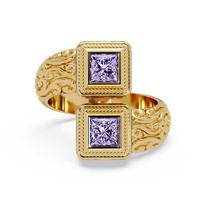 1.0 CTW Princess-Cut Filigree Bypass Colorstone Ring in Amethyst Purple and Yellow Gold – Lunéa Paris
