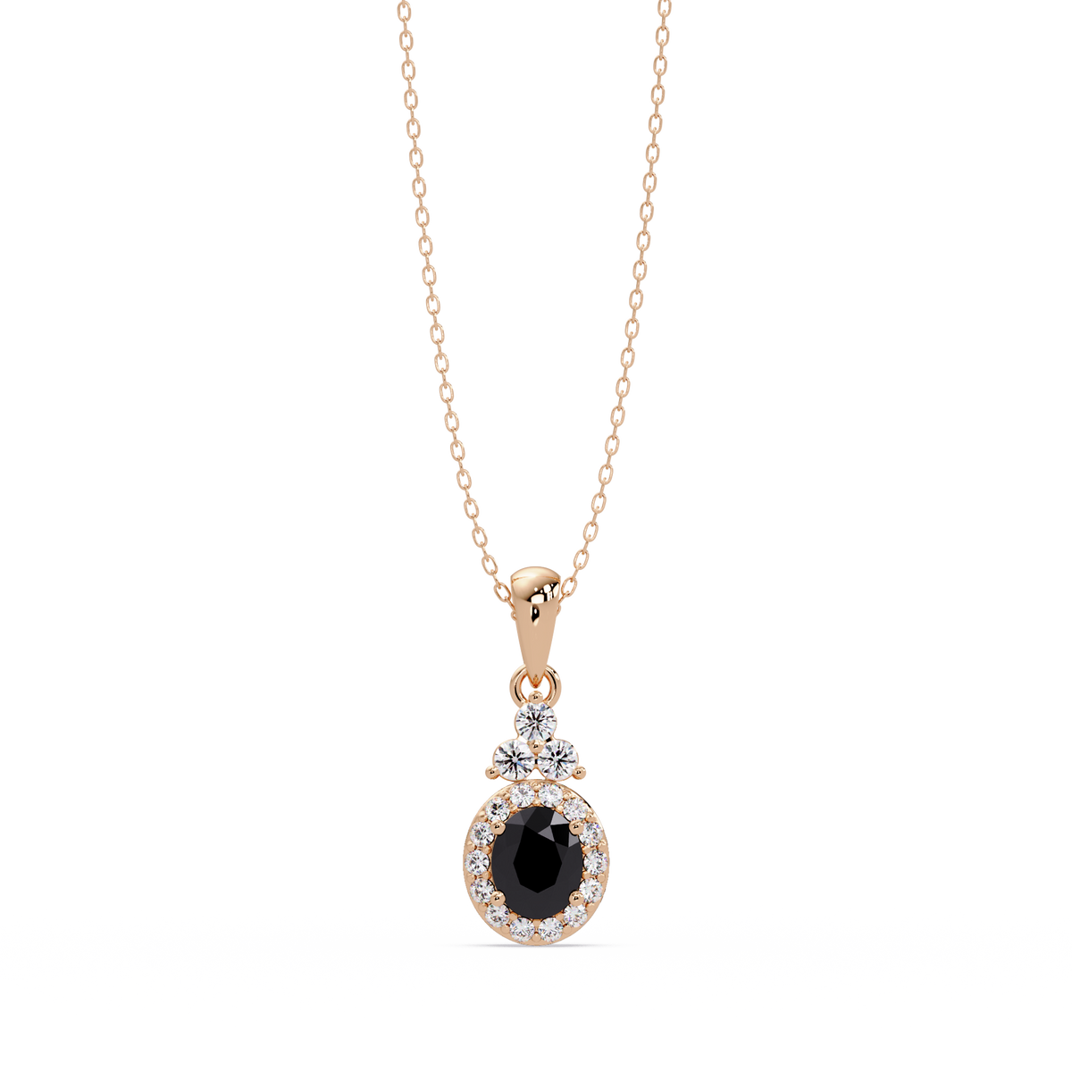 0.7 CTW Oval Halo Cluster Colorstone Pendant Necklace — Onyx Black — 14K Rose Gold