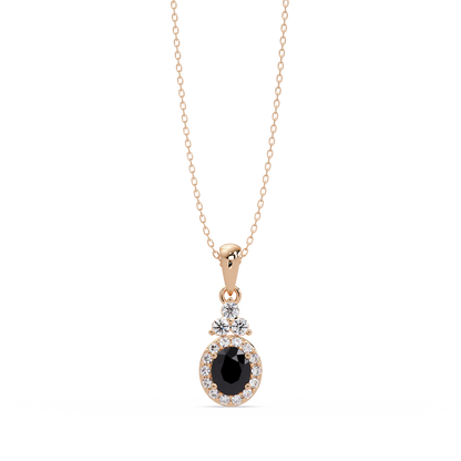 0.7 CTW Oval Halo Cluster Colorstone Pendant Necklace — Onyx Black — 14K Rose Gold