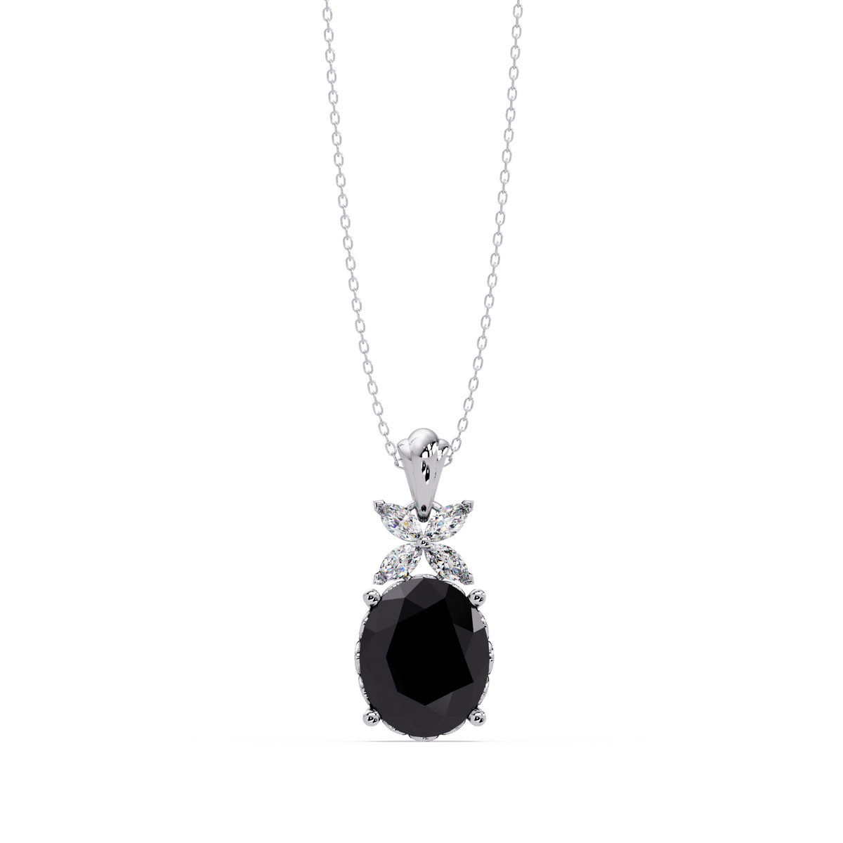 3.6 CTW Oval Butterfly Accent Colorstone Pendant Necklace — Onyx Black — 14K White Gold