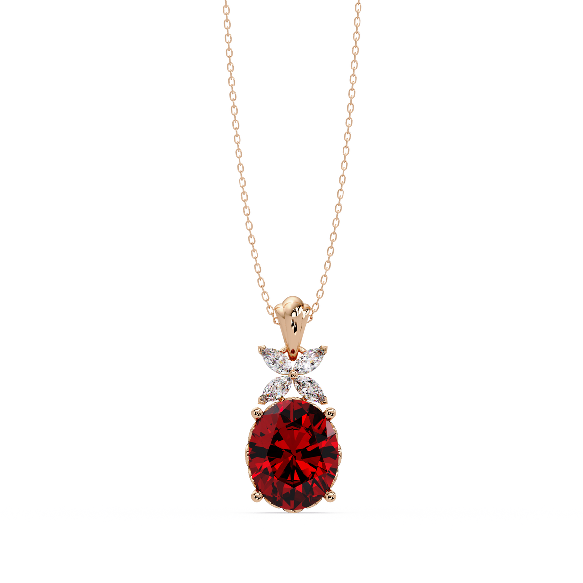 3.6 CTW Oval Butterfly Accent Colorstone Pendant Necklace — Ruby Deep Red — 14K Rose Gold