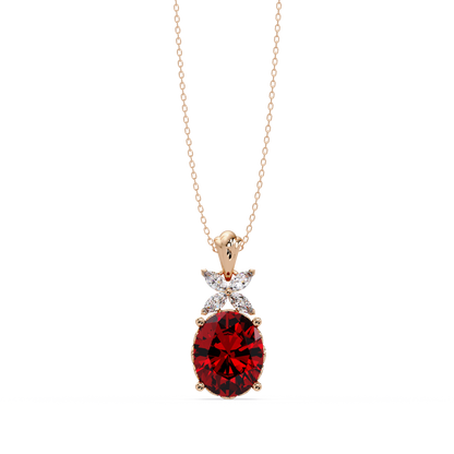 3.6 CTW Oval Butterfly Accent Colorstone Pendant Necklace — Ruby Deep Red — 14K Rose Gold