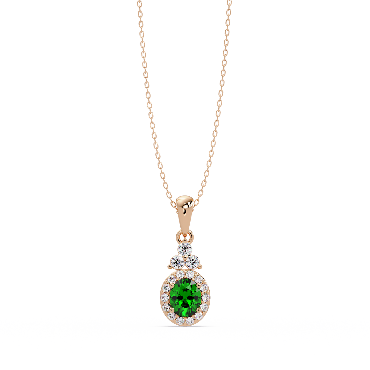 0.7 CTW Oval Halo Cluster Colorstone Pendant Necklace — Emerald Deep Green — 14K Rose Gold