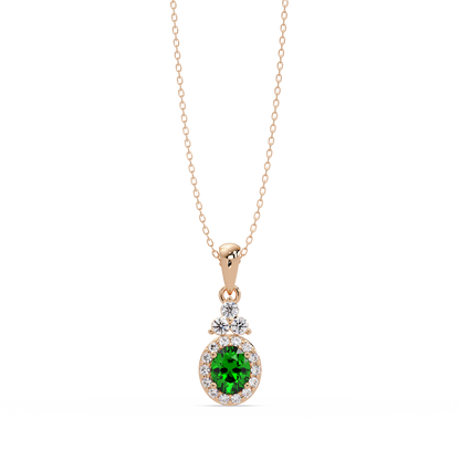 0.7 CTW Oval Halo Cluster Colorstone Pendant Necklace — Emerald Deep Green — 14K Rose Gold
