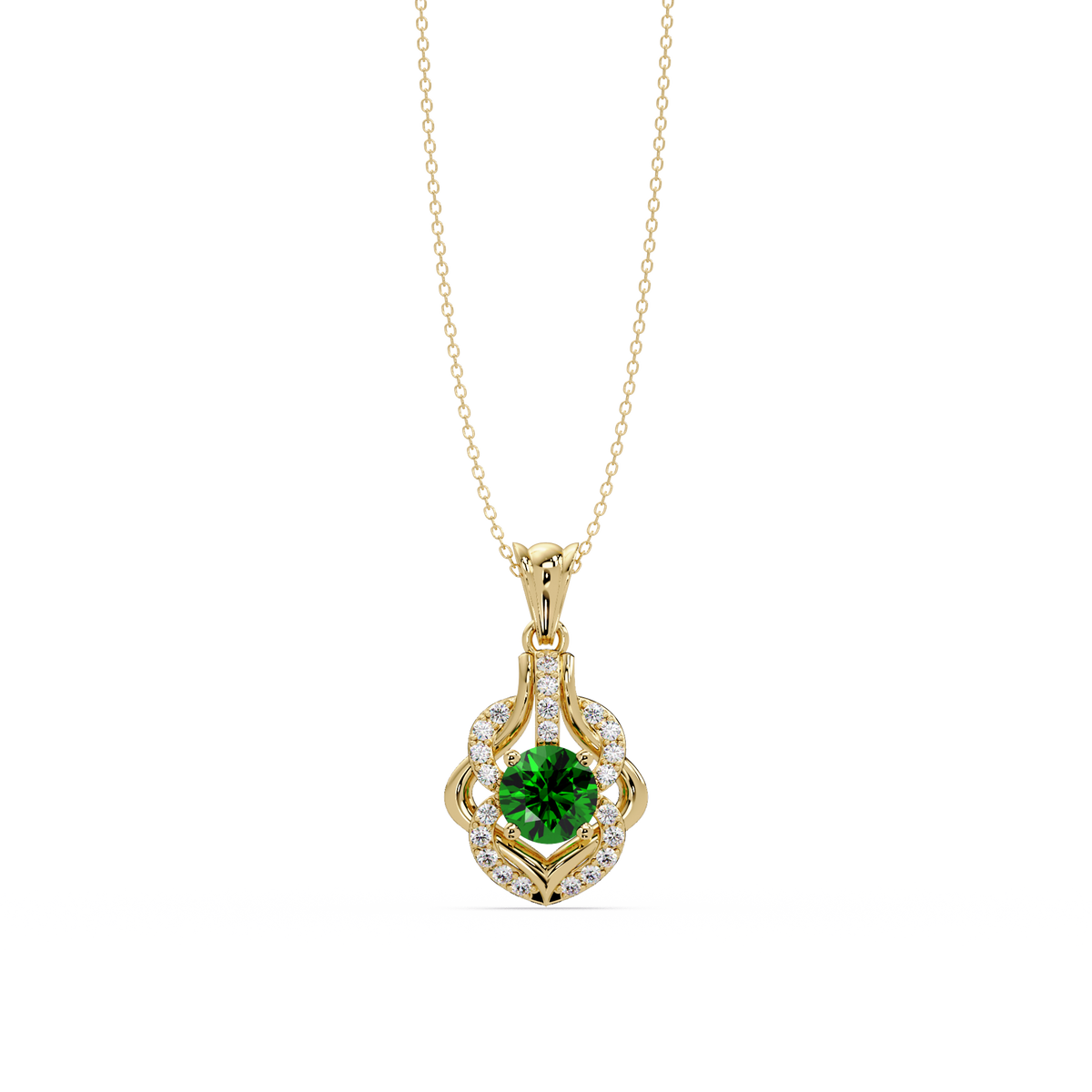 1.6 CTW Round Ornate Frame Colorstone Pendant Necklace — Emerald Deep Green — 14K Yellow Gold
