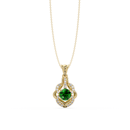 1.6 CTW Round Ornate Frame Colorstone Pendant Necklace — Emerald Deep Green — 14K Yellow Gold