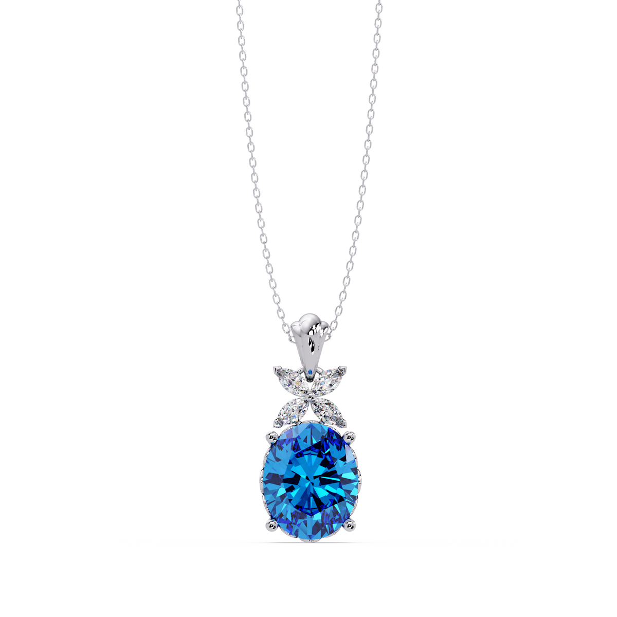 3.6 CTW Oval Butterfly Accent Colorstone Pendant Necklace — Aquamarine Sky Blue — 14K White Gold
