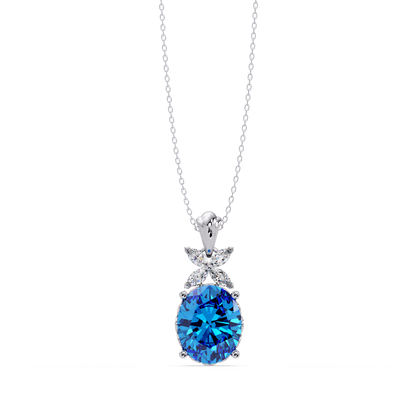 3.6 CTW Oval Butterfly Accent Colorstone Pendant Necklace — Aquamarine Sky Blue — 14K White Gold