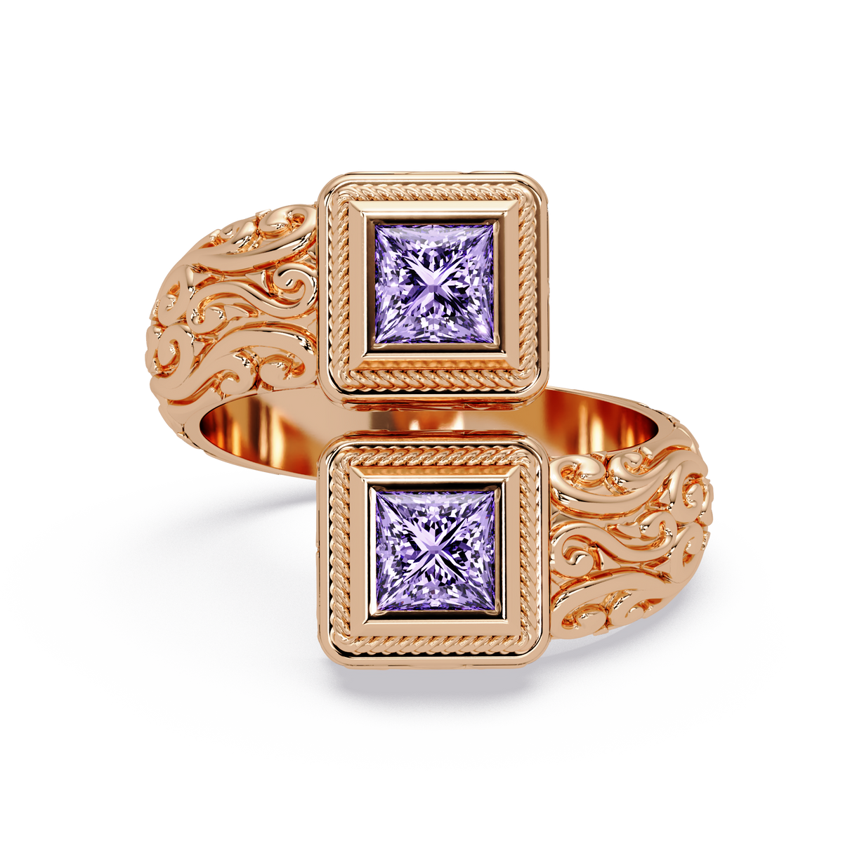 1.0 CTW Princess-Cut Filigree Bypass Colorstone Ring in Amethyst Purple and Rose Gold – Lunéa Paris