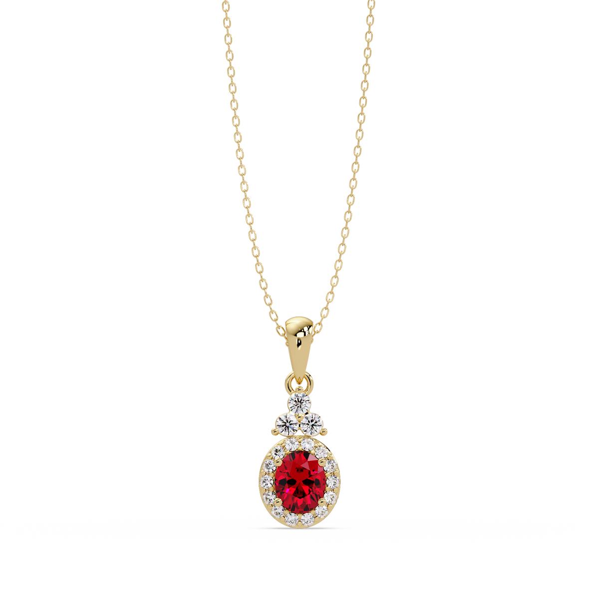 0.7 CTW Oval Halo Cluster Colorstone Pendant Necklace — Ruby Deep Red — 14K Yellow Gold