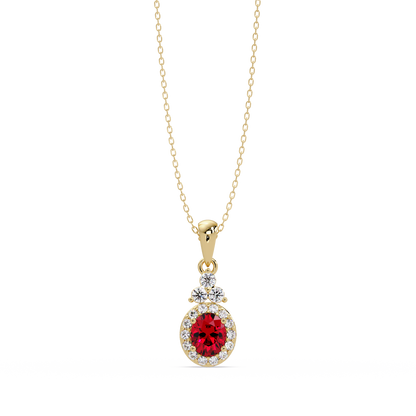 0.7 CTW Oval Halo Cluster Colorstone Pendant Necklace — Ruby Deep Red — 14K Yellow Gold