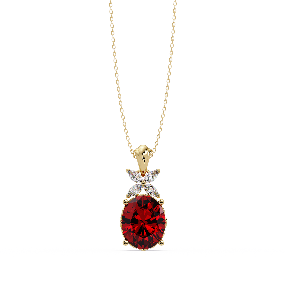 3.6 CTW Oval Butterfly Accent Colorstone Pendant Necklace — Ruby Deep Red — 14K Yellow Gold