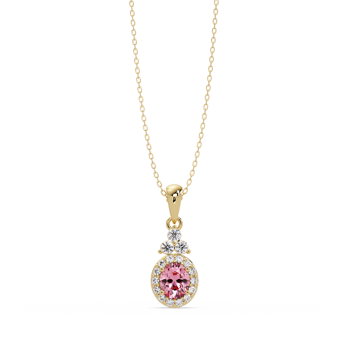 0.7 CTW Oval Halo Cluster Colorstone Pendant Necklace — Tourmaline Rose Pink — 14K Yellow Gold