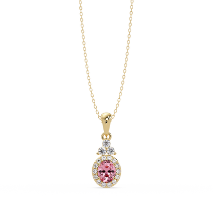 0.7 CTW Oval Halo Cluster Colorstone Pendant Necklace — Tourmaline Rose Pink — 14K Yellow Gold