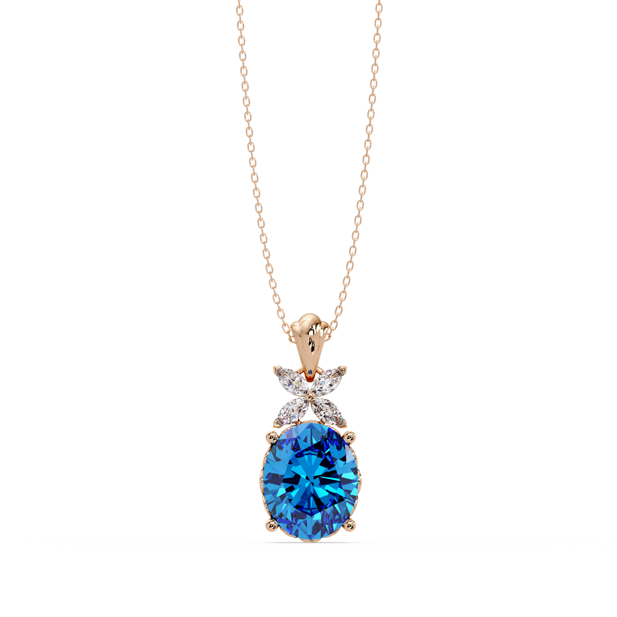 3.6 CTW Oval Butterfly Accent Colorstone Pendant Necklace — Aquamarine Sky Blue — 14K Rose Gold