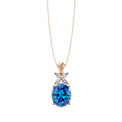 3.6 CTW Oval Butterfly Accent Colorstone Pendant Necklace — Aquamarine Sky Blue — 14K Rose Gold