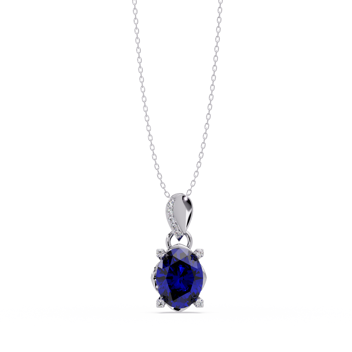 1.8 CTW Oval Solitaire Accent Colorstone Pendant Necklace — Sapphire Royal Blue — 14K White Gold